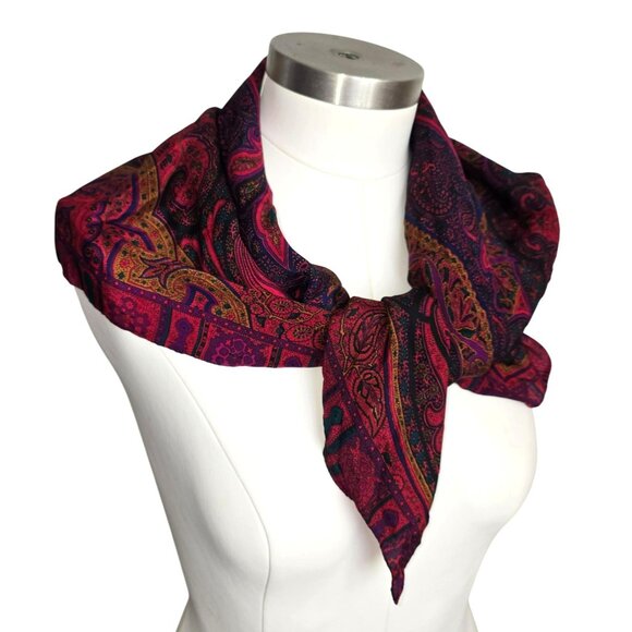 Liz Claiborne Silk Scarf Blue Red Purple Paisley Floral Hibiscus Flower DH722 - Picture 4 of 8